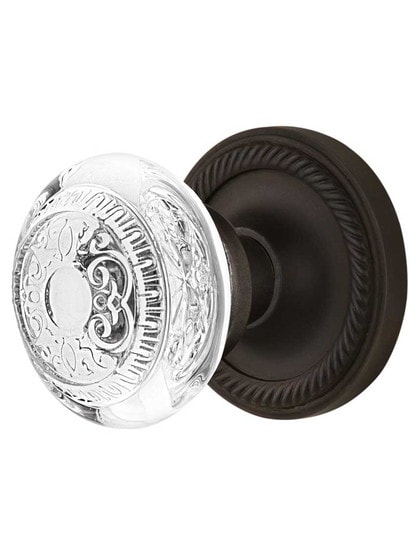 Rope Rosette Door Set with Egg and Dart Crystal-Glass Knobs in Oil-Rubbed Bronze.